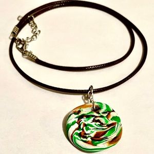 Handmade Clay Necklace Green Brown White Unique
